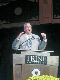 Indiana Lt. Gov. Eric Holcomb was Tuesday&rsquo;s Distinguished Speaker at Trine University&rsquo;s series. Holcomb is the Republican gubernatorial candidate and touted the state&rsquo;s business climate, $2.24 billion in reserves and AAA-credit rating. Staff photo by Jennifer Decker