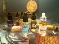 A selection of the seven brands of e-liquids now available in Indiana, for sale at Fog Foundry in Lafayette. Photo provided by Chad Myers