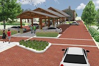 The proposed Market Street Park&rsquo;s market pavilion will be located east of Old Town Hall. It would have parking on both sides during normal hours. For special events like the farmers market, booths would be set up in the place of parking. Concept rendering courtesy of Taylor Siefker Williams Design Group
