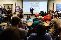 WAVE 3 News Meteorologist Brian Goode speaks to attendees of the Severe Weather Forum at Henryville High School on Monday evening, Feb. 27, 2017 Staff photo by Tyler Stewart