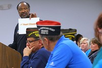 Howard County Commissioners heard comments from both sides of the smoking ban issue during their March 6, 2017, meeting, which included from Willie Stroman (left), a representative of Breathe Easy Howard County, and members of the local VFW Post 1152, who tried to convince them to allow smoking in private clubs. Staff photo by Tim Bath
