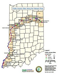 Indiana Department of Natural Resources map showing public access points along the Wabash River, including boat ramps and public camping sites