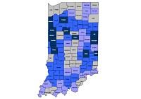 This map displays the estimated increase in county average tax rates following the projected reduction in the farmland base rate. Jay and other rural counties will be among the hardest hit. (Graphic provided by Purdue University)