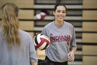 Indiana senior Megan Tallman shares a laugh with a teammate during practice at University Gym in September 2016. Volleyball and wresting are getting a new arenas close to Assembly Hall. Staff file photo by Chris Howell