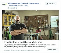 Above is an example of a Facebook advertisement ran by the Whitley County Economic Development Corp., attempting to attract new employees from other states to Whitley County.