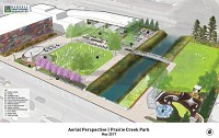 PRAIRIE CREEK PARK: This is an aerial view of downtown Frankfort&rsquo;s proposed Prairie Creek Park, which would be a family-oriented area with event and play space. The park would be located on the north side of East Washington Street across from the new Nickel Plate Flats development. Site plan by Rundell, Ernestberger &amp; Associates