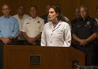Dr. Nicole Riordan, an emergency physician at Memorial Hospital, speaks during a press conference inside Indiana University School of Medicine-South Bend to discuss a new partnership between law enforcement and the medical community to fight the opioid epidemic. Staff photo by Robert Franklin