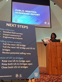 Mindy Peterson, spokeswoman for I-69 Ohio River Crossing discusses the status of the project last week during an open house at Milestones in Evansville. Photo: I-69 Ohio River Crossing