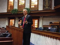 State Sen. Jim Merritt, R-Indianapolis, speaks Tuesday in the Senate chamber about his proposal to increase the prison terms for some drug crimes, just three years after Indiana lawmakers reduced them. Staff photo by Dan Carden