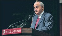 Indiana University President Michael McRobbie delivers the State of the University address Tuesday in Indianapolis. IU Communications photo by Liz Kaye