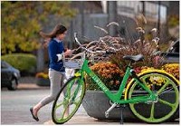 A LimeBike is shown in downtown South Bend Monday. Tribune Photo/SANTIAGO FLORES