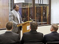 Bala Karapatti of Dell EMC discussed his company's role as a sponsor of Anderson University's new Cybersecurity Laboratory during the ribbon-cutting ceremony Tuesday. Photo by Mark Maynard