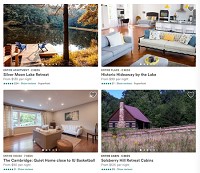 A screenshot shows several Bloomington-area properties advertised on the Airbnb website.