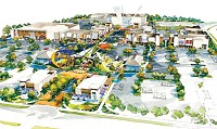 As originally imagined, The Yard would sprawl across 17 acres and include space for more than a dozen restaurants and retail venues. (Concept illustration courtesy Thompson Thrift)
