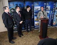 From let, U.S. Sens. Joe Donnelly and Todd Young and U.S.Rep. Trey Hollingsworth host Gen. David Goldfein, at the podium, chief of staff of the U.S. Air Force, Monday at Naval Suport Warfare Center Crane, about 25 miles southwest of Boomington. Staff photo by Chris Howell