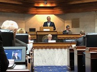 State Sen. Ron Alting, R-Lafayette, at rostrum, presides Wednesday at a meeting of the Senate Committee on Public Policy. The panel unanimously endorsed Alting's proposal in Senate Bill 1 to legalize Sunday retail alcohol sales. Staff photo by Dan Carden