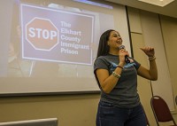 Marbella Chavez speaks during a &ldquo;victory celebration&rdquo; held by The Coalition Against the Elkhart County Detention Center at College Mennonite Church in Goshen. Chavez helped coordinate the coalition. Tribune Photo/MICHAEL CATERINA