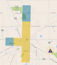 This screenshot of the new interactive map shows the hours between 3 to 6 p.m. in Bluffton and the risk for a crash. The area through town on Ind. 1 is highlighted as medium risk, with areas just north and west of that show a low risk for a crash.