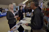 From the classroom to the job market: Indiana State University student Kenda Buchanan of Robinson, Ill., talks with Mike Pritchett of Harmon Steel during the ISU Spring Career Fair on Wednesday Feb. 21, 2018, at Hulman Center. Staff photo by Joseph C. Garza