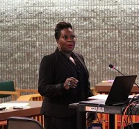 THRIVING: Cathy Weatherspoon, facilitator for Thriving Families, Thriving Grant County, talks about the Fifth Street Commons project at Tuesday&rsquo;s City Council meeting. Weatherspoon gave a presentation to the council on the collective impact campaign. Staff photo by Spencer Durham
