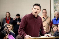 GOSHEN CITY COUNCILMAN ED AHLERSMEYER announces his resignation at the Goshen City Council meeting Tuesday night. Ahlersmeyer said his resignation was effective as of this past Monday. Staff photo by Shelia Selman