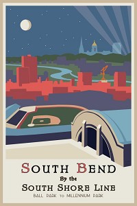 Artist Sam Lima recently created this image of downtown South Bend in the style of 1920s South Shore Railroad posters. Image provided