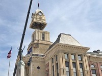 A crane lifts one piece of a new clock tower into place at the Montgomery County Courthouse in Crawfordsville on Thursday. (Photo: Dave Bangert/Journal &amp; Courier)