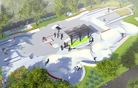A 12,580-square-foot, $657,400 skate park in Switchyard Park will include 30 features replicating a city streetscape. Courtesy rendering