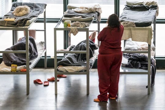 The common area of the women's pod is filled with portable beds due to overcrowding at the Vanderburgh County Detention Center in Evansville, Ind., Thursday, May 23, 2019. Vanderburgh County’s jail population routinely teeters above 800, with dozens of those inmates transported at taxpayer expense to nearby Indiana, Kentucky and Illinois counties because the local lockup is too full. (Photo: SAM OWENS/ COURIER & PRESS)