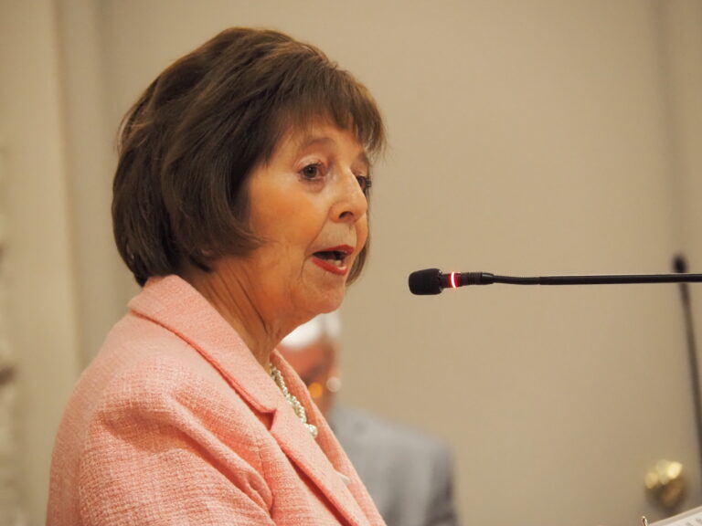 Sen. Linda Rogers, R-Granger, has helmed a major reading skills bill. She is shown testifying in a committee on Thursday, Jan. 25, 2024. (Leslie Bonilla Muñiz/Indiana Capital Chronicle)