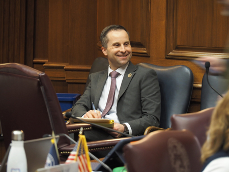 Sen. Spencer Deery, R-West Lafayette, laughs at a joke from a member of the public during testimony on his proposal, Senate Bill 202. (Whitney Downard/Indiana Capital Chronicle)