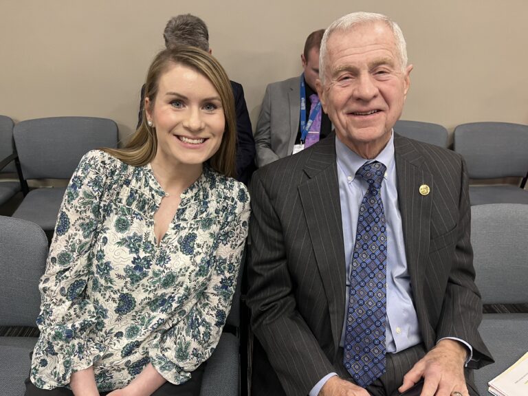 Fishers nurse Caroline Hagedorn testified in support of a bill from Sen. Ed Charbonneau, at right, to establish a fund for psilocybin research on Feb. 13, 2024. (Whitney Downard/Indiana Capital Chronicle)