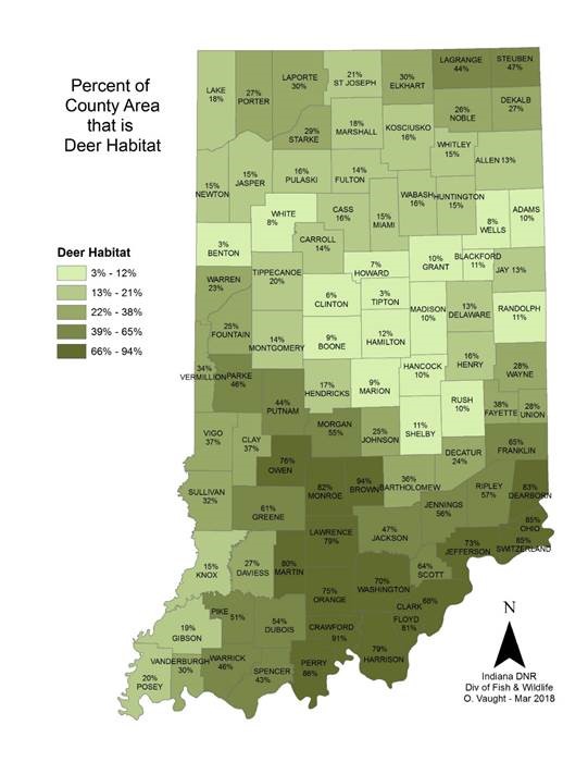 The percentage of each county that is considered to be a deer habitat. (Map from DNR)