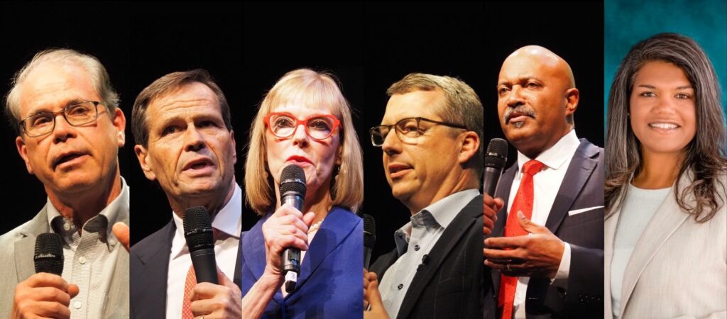 Indiana’s six Republican gubernatorial candidates. Images of Mike Braun, Brad Chambers, Suzanne Crouch, Eric Doden and Curtis Hill by Whitney Downard/Indiana Capital Chronicle. Image of Jamie Reitenour courtesy Reitenour campaign. (Graphic by Leslie Bonilla Muñiz/Indiana Capital Chronicle)