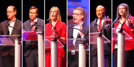 The six Republican candidates for governor at a Carmel debate on March 11, 2024. (Whitney Downard/Indiana Capital Chronicle)