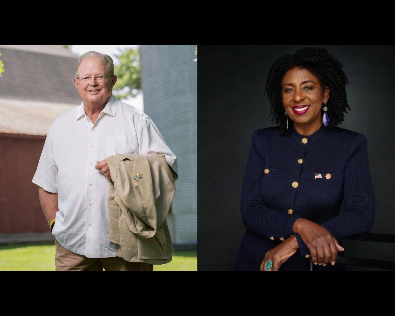Democrats Marc Carmichael and Dr. Valarie McCray are on the primary ticket in the 2024 race for Indiana’s open U.S. Senate seat. (Photo illusrtation by Casey Smith/Indiana Capital Chronicle; Photos from campaign websites for Carmichael and McCray)