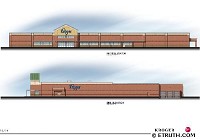 These artist renderings show what a new south-side Kroger store would look like. The store would replace the existing Kroger at 131 W. Hively Ave., at what is now Pierre Moran Mall, and be an anchor at what will become Woodland Crossing, a strip shopping center that will replace the mall. Photo supplied.