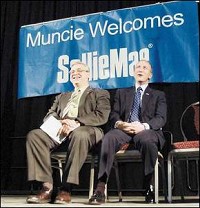 Muncie Mayor Dan Canan and Gov. Mitch Daniels enjoy the moment Monday at the job announcement in Muncie. Seven hundred new jobs will be headed to Muncie after Sallie Mae, the nation’s largest student loan organization, opens a debt collection operation in the city. Kyle Evens / The Star Press