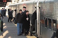 South Shore riders at the Hammond station board the Monday train into Chicago. Riders looking to the South Shore Line to avoid the Dan Ryan Expressway reconstruction project will likely face crowded lots, stations and train cars, as some of the South Shore's runs are already bursting at the seams. JON L. HENDRICKS | THE TIMES