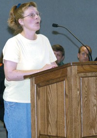 Sharon Allman, a waitress at The Townhouse in Seymour, speaks Monday against an ordinance that would ban smoking in public places and places of employment. It passed on a 5-2 vote. (Tribune photo by January Wetzel)