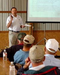 Bruce Erickson, an agricultural economist at Purdue, talked Thursday in Whitley County about maximizing fertilizer applications. Janelle Sou Roberts/The Journal Gazette 