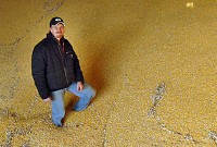 Churubusco farmer Brian Salomon stands in about 45,000 bushels of corn stored in a shed on his farm.