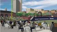 An artist’s rendering shows a view of the Harrison Square development from the stadium concourse. Courtesy of the city of Fort Wayne