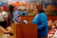 Allen County Council member Paula Hughes speaks Tuesday at the public hearing on Harrison Square. Janelle Sou Roberts/The Journal Gazette