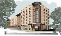 An artist’s rendering shows the proposed Courtyard by Marriott to be included in the Harrison Square project in downtown Fort Wayne.