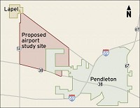 The area for the proposed airport is bordered by Indiana 38, Indiana 13, Old Indiana 32 and County Roads 625 West. It includes 4,000 acres, 1,500 of which would be for the airport proper. It also includes part of the town of Pendleton and bumps up against Lapel. The site is in Green and Stony Creek townships. The primary runway would run east-west near the center of the site. Shana Noland / The Herald Bulletin