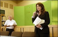 Andi Metzel, legal counsel for Green Township, speaks during a public information meeting on creating a new regional airport in southern Madison County Tuesday at the Trinity Life Center. Metzel of the Indianapolis law firm Dan Pecar Newman &amp; Kleiman was involved in the fight to keep the Indianapolis Municipal Airport from moving from Fishers to Noblesville. Don Knight / The Herald Bulletin