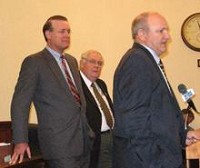 State Sen. Luke Kenley, R-Noblesville, right, speaks at a news conference Tuesday as Senate President David Long, R-Fort Wayne, left, and Sen. Robert Meeks, R-LaGange, center, listen. Kenley chaired the Senate Tax and Fiscal Policy Committee that on Tuesday approved House Bill 1001, which contains the governor's property-tax relief plan. Bryan Corbin / Courier &amp; Press