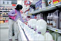 Courtney Spence, 11, grabs a half gallon of milk from the dairy cooler at Floyd Central Thriftway in Georgetown Tuesday afternoon. Staff photo by Kevin McGloshen