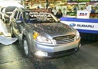 Confetti falls on a 2010 Outback 2.5i Ñ the 3 millionth car to roll off the assembly line at SIA in Lafayette. Associates celebrated on Tuesday. By John Terhune/Journal &amp; Courier